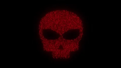 Cyber threat skull icon visual red pixel pattern, dark glow, and black negative Stock Footage 340555668