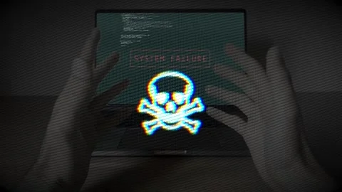 Cyber threat warning displayed on laptop during hacking attempt Stock Footage 286088807