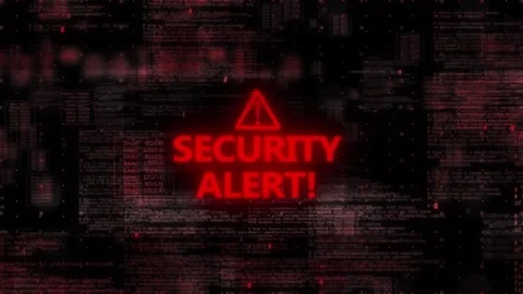Cyber threat warning screen visual with red alert text, error code panels, dark Stock Footage 340552676