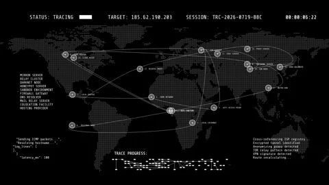 Cyber-Tracing Interface with Real-Time IP Trace and Global Network Map Stock Footage 342670624