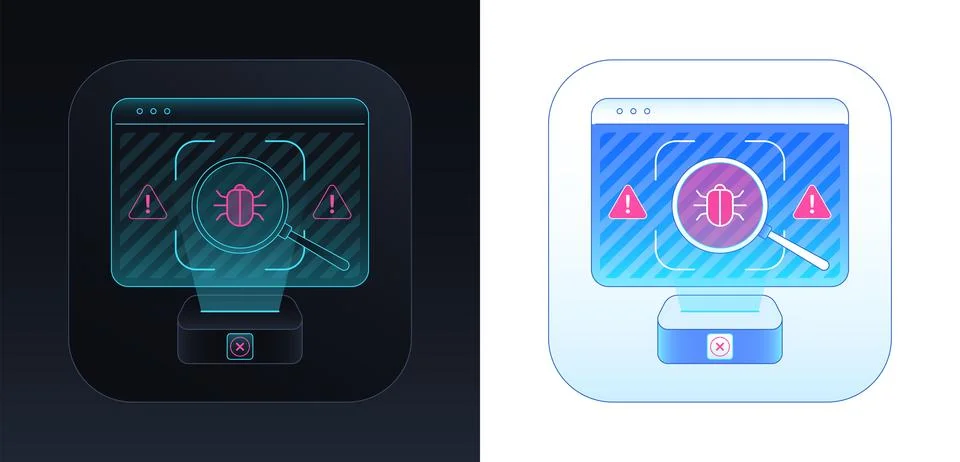 Cyber vulnerability in system. Computer protection, window frame with magnifi Stock Illustration