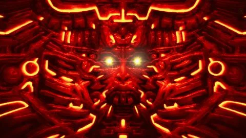 Cyber wall with robot head bas-relief in form of woman face. Red color. Stock Illustration