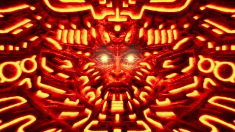 Cyber wall with robot head bas-relief in form of woman face. Red color. Illustrazione stock