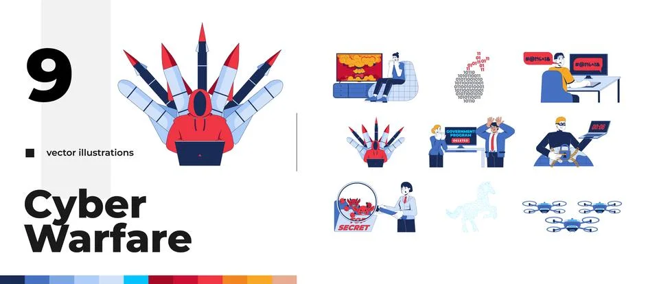 Cyber warfare and digital security 2D illustration concept pack Stock Illustration
