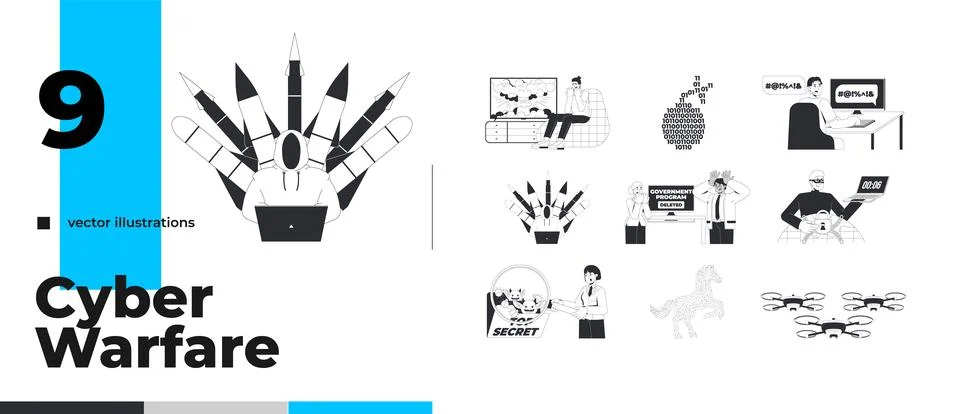 Cyber warfare and digital security line illustration concept pack Stock Illustration