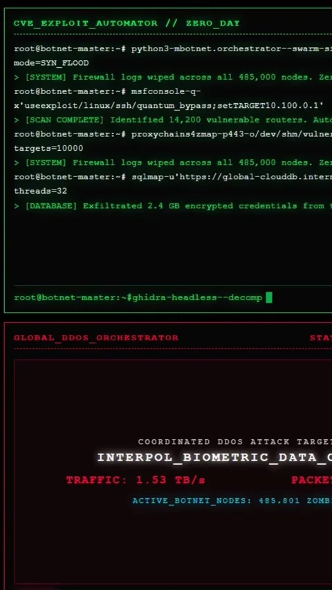 Cyber Warfare Command: Global Botnet Orchestrator and DDoS Attack Dashboard Stock Footage 339157561