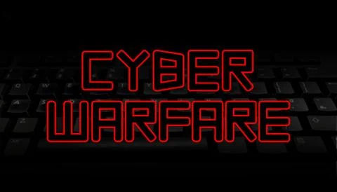 Cyber Warfare red text over black keyboard illustration Stock Illustration