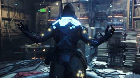 Cyber Wizard studies cyber magic in his extraordinary futuristic science lab Stock-Footage 157500722