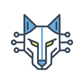 Cyber wolf logo. Digital wolf head with network connections symbolizing tec.. Illustrazione stock