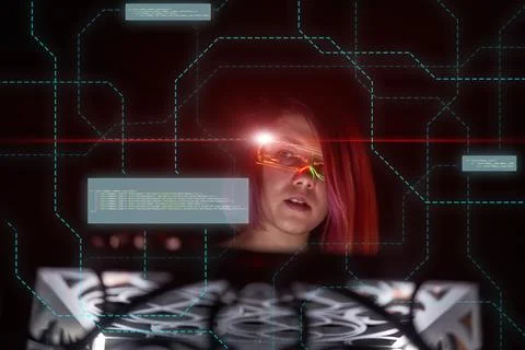 Cyber woman coding of technology to access to network. 스톡 사진