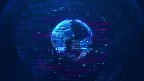 Cyber world data globe visual blue planet, magenta scan lines, numeric overlays, Stock Footage 340568346