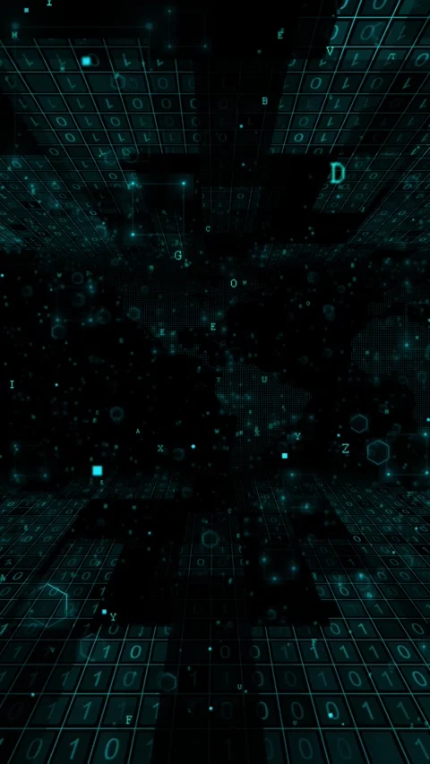 Cyber world map binary grid teal letters, glowing data panels, floating symbols, Stock Footage 340565076