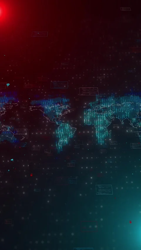 Cyber world map security background with red and teal glow, floating data panels Stock Footage 340550218