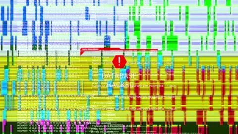 Cyberattack Computer code on digital screen with glitches VHS damage. Overlay Stock Footage 293409233