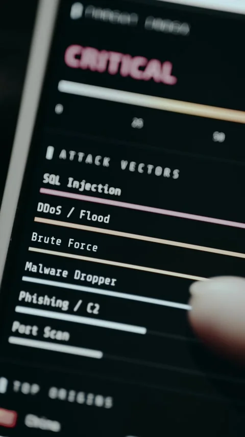 Cyberattack detection system displaying a list of common intrusion techniques Stock Footage 332893639