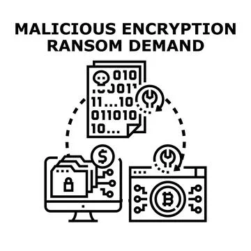 Cyberattack encrypting data demanding cryptocurrency ransom payment Stock Illustration