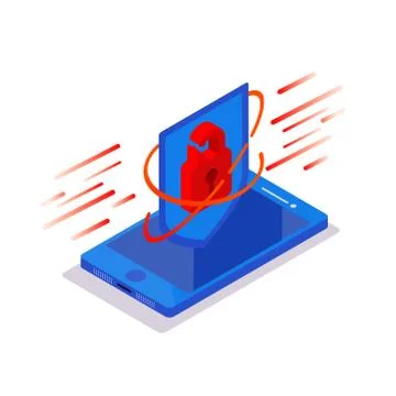 Cyberattack. Isometric phone with padlock protective shield on a blue background Stock Illustration