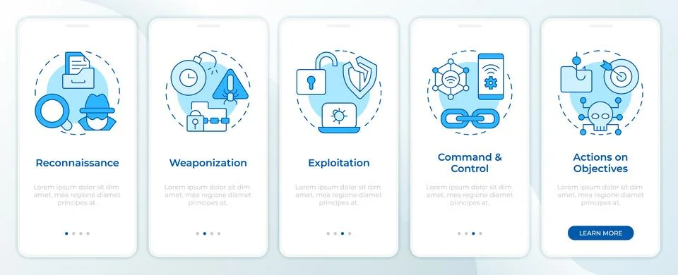 Cyberattack process stages blue onboarding mobile app screen Stock Illustration