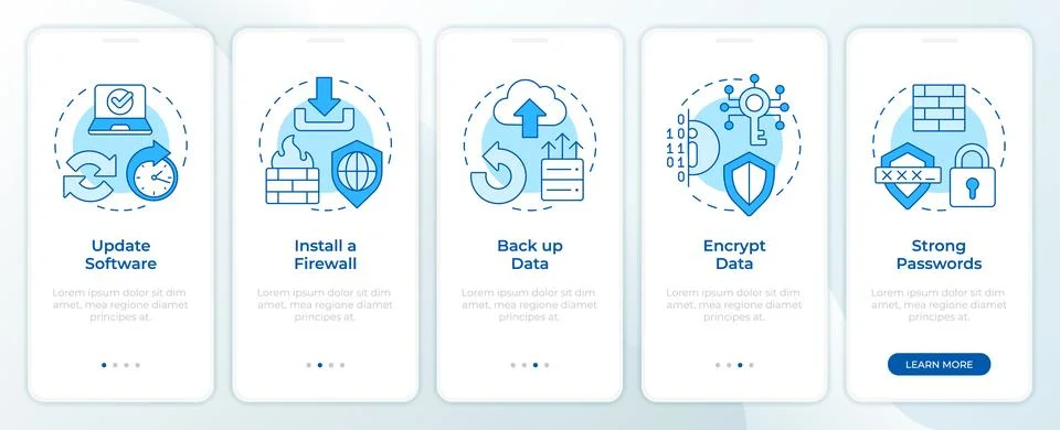 Cyberattacks prevention methods blue onboarding mobile app screen Stock Illustration