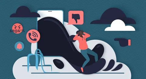 Cyberbullying, social problem of mockery, tiny victim running away from bullying Illustrazione stock