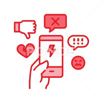 Cyberbullying victim hand holding smartphone black line icon. Abuse ...