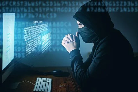 Cybercrime, hacker and thinking at computer for virus, overlay and futuristic at Foto stock