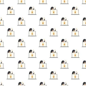 Cybercrime pattern showing hacker breaking laptop security 库存插图
