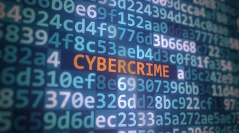 CYBERCRIME text and source code on the computer monitor, 3D rendering 库存插图