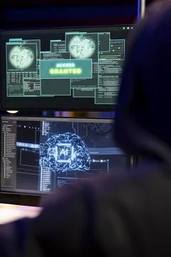 Cybercriminal coding on PC getting access granted message, evading security Stock Photos