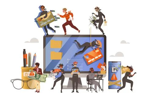 Cybercriminal Committing Network and Computer Crime Harming Security and Illustrazione stock