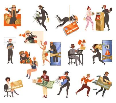 Cybercriminal Committing Network and Computer Crime Harming Security and Illustrazione stock