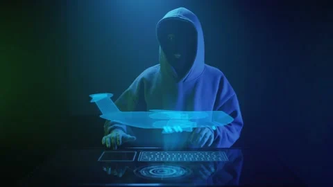 A cybercriminal hacker in a black mask hacks a airplane Vídeos de archivo 201611643