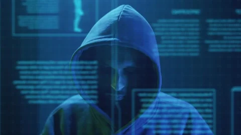 Cybercriminal hacker close up distressed Stockbeeldmateriaal 312523272