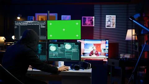 Cybercriminal hacking using green screen PC and getting critical error Stock Photos