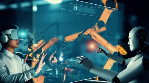 Cybernated industry robot and human worker working together in future factory Stock Footage 220165604