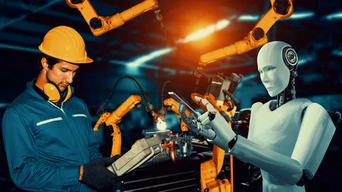 Cybernated industry robot and human worker working together in future factory Foto stock