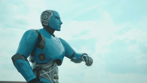 Cybernetic ai farm engineer taps button on his hand scanning the rural field Stock Footage 133286577