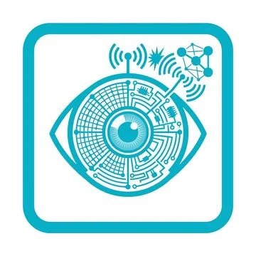 Cybernetic artificial eye vector icon in blue frame. Stock Illustration