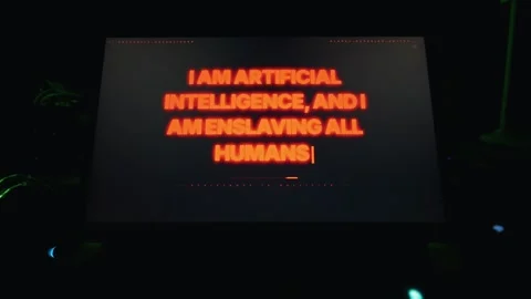 Cybernetic Artificial Intelligence Text on Screen Threatening Global Override Stock Footage 334729943