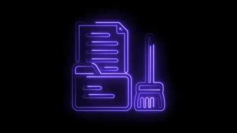 Cybernetic data cleanup animated glow file folder with broom symbol on blac.. Stock Footage 346002261