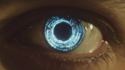 Cybernetic eye close-up. Android glowing eye. Artificial intelligence concept 스톡 동영상 246193583