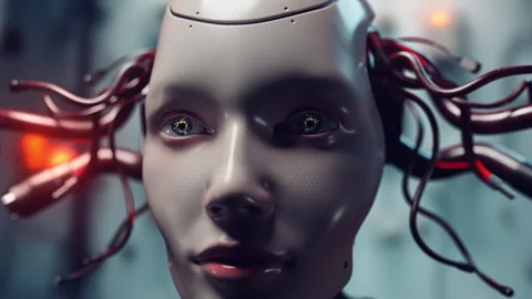 Cybernetic Face with Exposed Technological Connections. Robot's Complex Syste Stock Footage 308950341