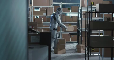 Cybernetic future robot worker carrying parcel delivery carton boxes inside Видео 150513387