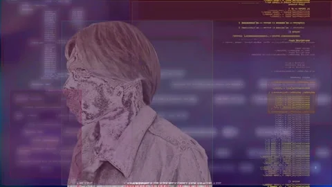 A cybernetic interface with biometric data. Robotic face scanning with coding. Vidéo 315497643