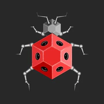 Cybernetic ladybug robot with red hexagonal body and intricate robotic limb.. Stock-Illustration