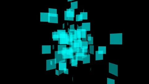 Cybernetic matrix of glowing light blue pixels and squares on black Video stock 335561732