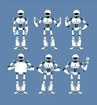 Cybernetic robot android with bionic arms and eyes in different poses. Cute Illustrazione stock