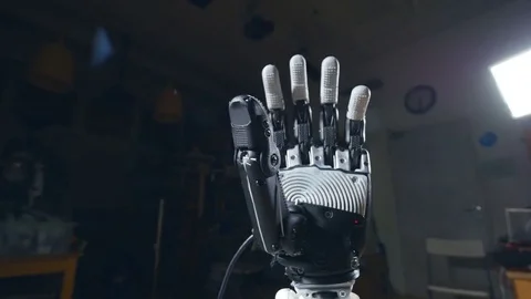 Cybernetic robotic arm. Robots arm movement. Futuristic made on 3D printer Stock Footage