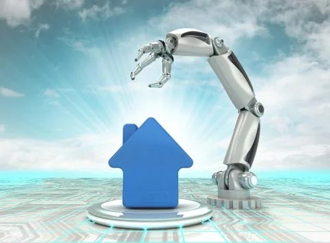 Cybernetic robotic hand automatic creation in building development with sky Stock Illustration