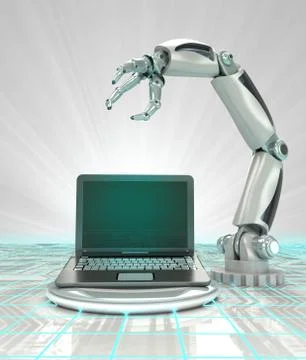Cybernetic robotic hand creation of modern personal computer render Illustrazione stock